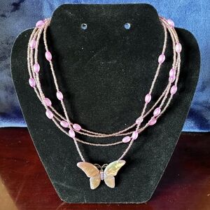Pearlescent Iridescent Pink Butterfly Beaded Necklace